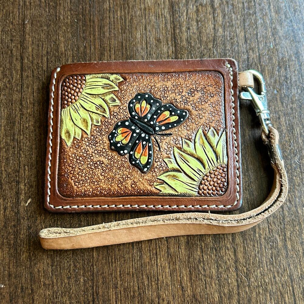 Brown leather wristlet hand-tooled card holder butterfly sunflowers mexico